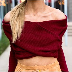 Off shoulder Cross Crop Sweater & cape back detail